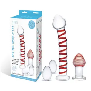 Glass toy set with red swirls