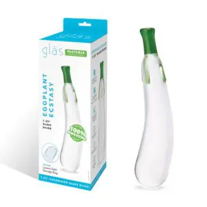 Clear glass dildo with green tip box