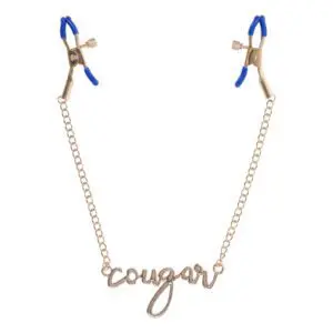 Gold chain with "cougar" and blue clamps.