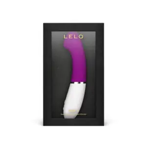 Purple and white vibrator in black packaging.