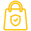 Yellow shopping bag icon with a shield.